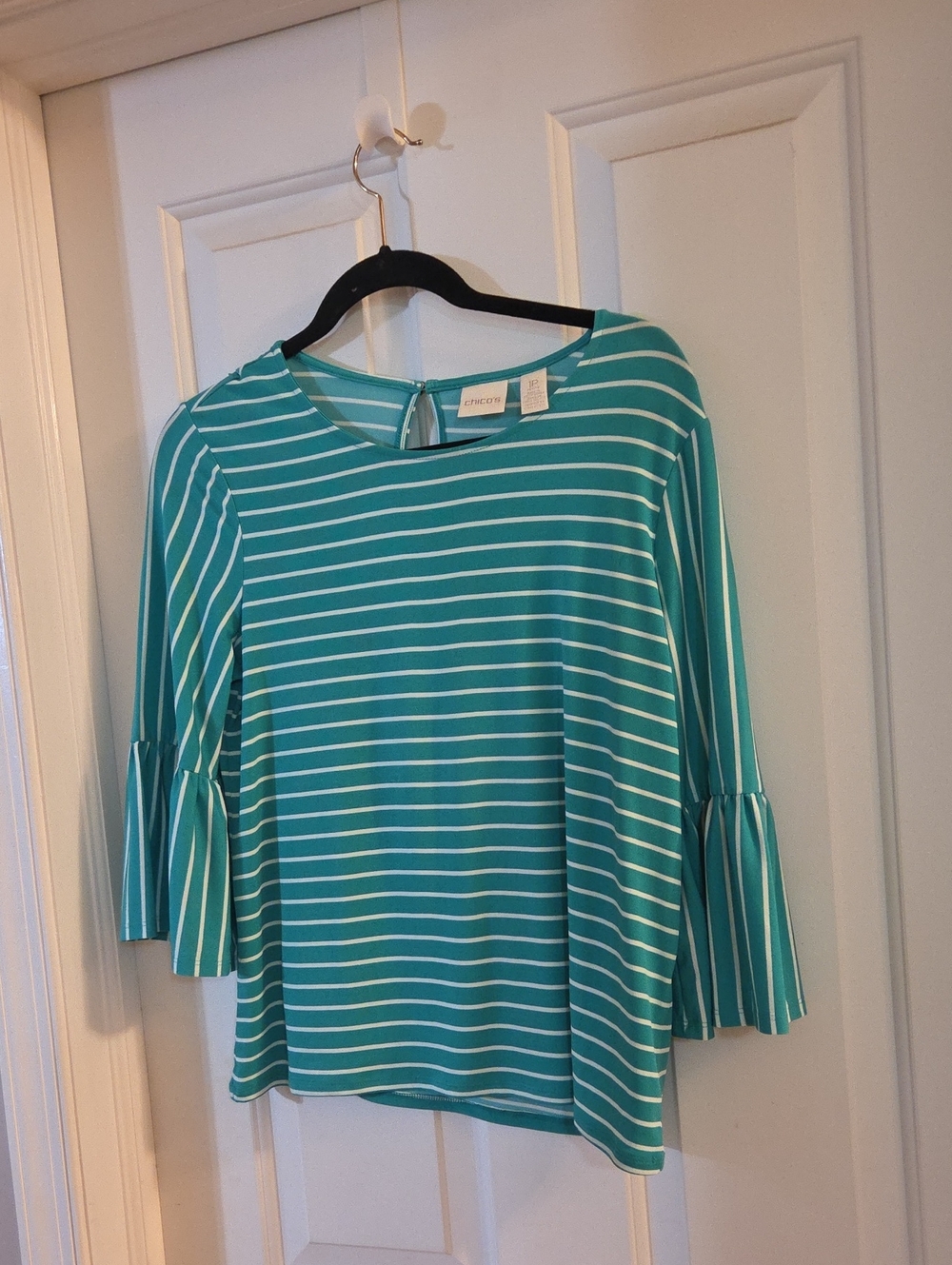 Chicos teal and white striped bell-sleeve top 3/4 Sleeve Medium Petite